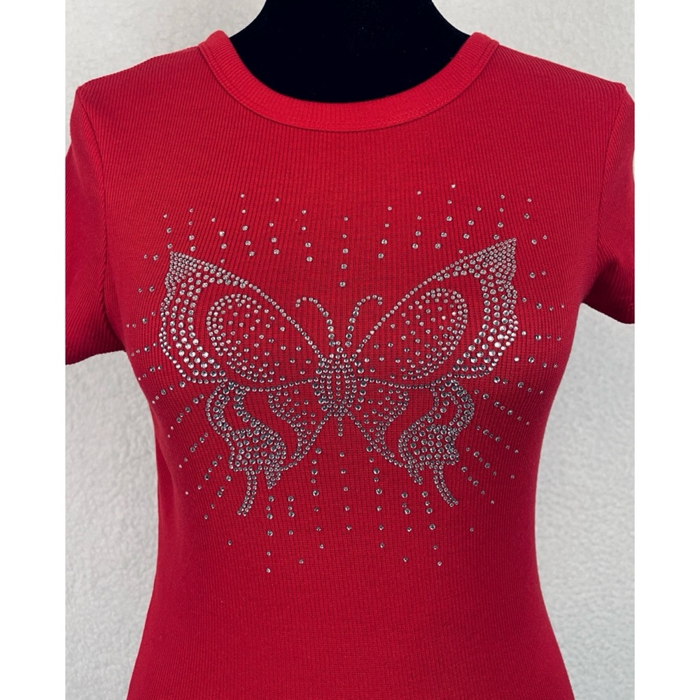 ORANGE KISS • Red/Silver Y2K Rhinestone Butterfly Ribbed Short Sleeve Tee, M - Picture 3 of 13